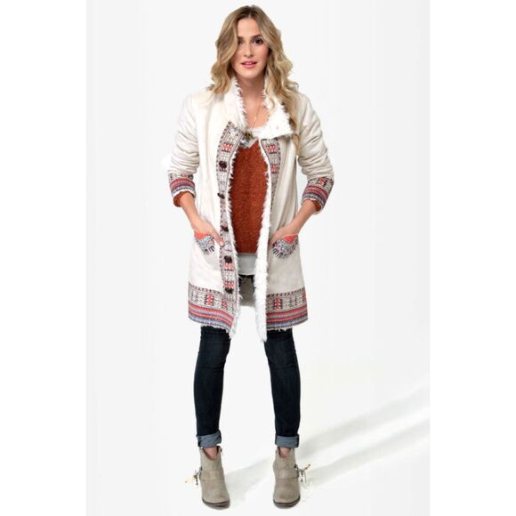 Billabong Zippora Jacket Size M Penny Lane Coat Shearling Trim Boho 70s Style - Picture 3 of 4